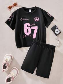 SHEIN 2件套女童休闲可爱简约67号印花圆领短袖T恤和短裤，黑色 - 黑色 - 查看 5