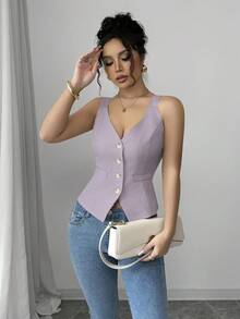 Elenzga Áo hai dây cài nút phía trước màu trơn thường ngày mùa hè dành cho người đi làm - Màu tím - Xem 7