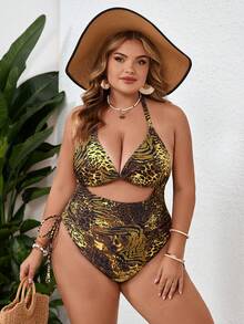 SHEIN CURVE+ Đồ bơi liền thân khoét lỗ phía trước họa tiết da báo cỡ lớn cho nữ, kỳ nghỉ ở bãi biển - Nhiều màu - Xem 5