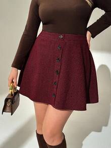 Auralis 秋冬新款复古美拉德印花羊毛A字格纹迷你裙，加大码女士经典千鸟格褶裥裙，优雅美式前扣伞裙 - 紅色 - 查看 3