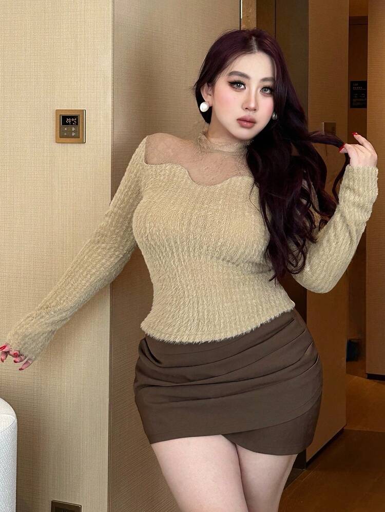 Dazy Plus Contrast Color Contrast Lace Sexy Elastic Fitted Cropped Long Sleeve T-Shirt, Spring/Autumn