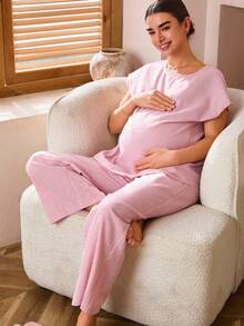 SHEIN 2pcs Maternity Casual Loose Comfortable Top And Pants Set Sleep Wear Women Breast Feeding Clothes Maternity Sets Cotton Maternity Clothes Maternity Clothes Two Piece Suits,Maternity Clothes - Pink - View 5