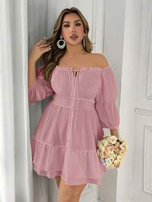 SHEIN LUNE Vestido elegante para mujer de talla grande con hombros descubiertos, tirantes con lazo y borde con volantes - Rosa - Ver 3