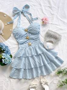 Soleia 女士金属海星装饰镂空荷叶边下摆性感挂脖迷你连衣裙 - 淺藍色 - 查看 1