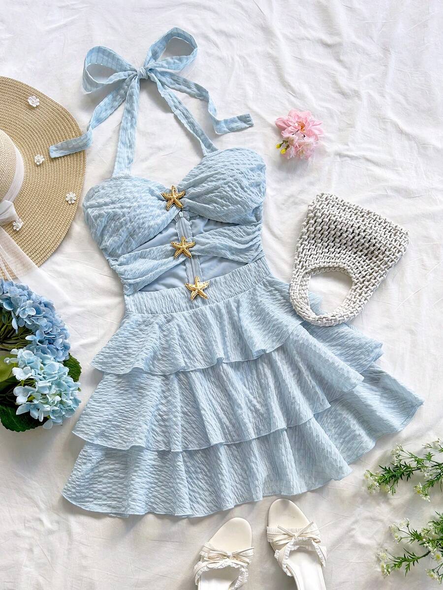 Soleia 女士金属海星装饰镂空荷叶边下摆性感挂脖迷你连衣裙 - 淺藍色 - 查看 1