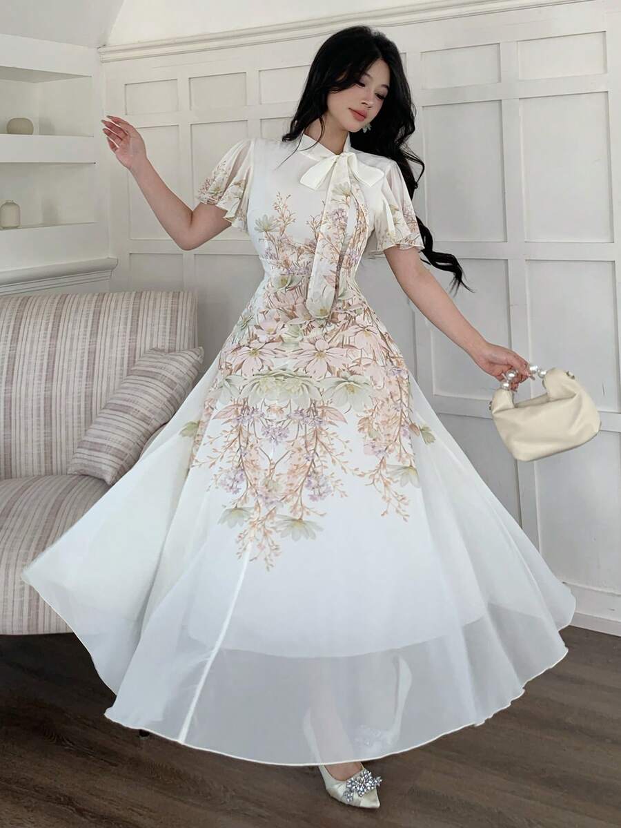 Modelyn 女士系带腰部褶皱印花喇叭连衣裙 - 綠色 - 查看 1