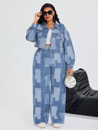 SHEIN SXY 大码女式牛仔蓝无弹力提花短袖外套，牛仔风格夏季服装牛仔竞技服