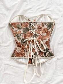 Soleia 复古宫廷风彩色花卉提花印花抹胸上衣，后背纽扣系带设计，适合度假穿着 - 彩色 - 查看 2