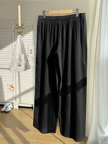 Comfortcana Plus Size Women Simple Solid Color Wide Leg Summer Pants - Black - View 10