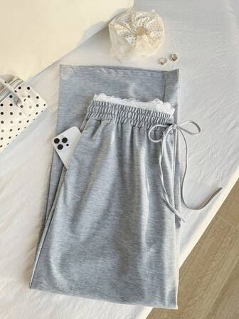 SHEIN EZwear 大码女式抽绳腰夏季撞色蕾丝裤