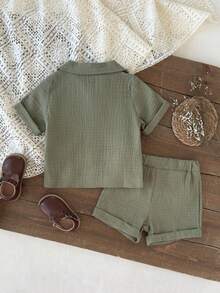 SHEIN 2pcs Baby Boy Casual Soft Lightweight Pure Cotton Polo Collar Green Short Sleeve Shirt And Shorts Set - Army Green - View 2