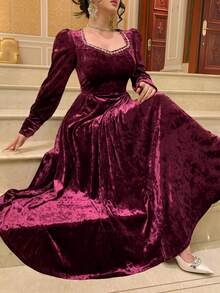 DAZY Women's Sweetheart Collar Raglan Sleeve Waist Cinched Elegant Long Dress - Burgundy - View 5