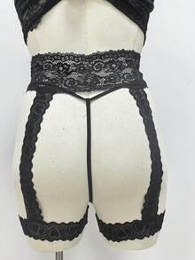 Lace Plus-Size Sexy Panties + Garter Belt 2pcs Set - Black - View 2