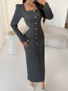 Modelyn 女士优雅灰色条纹长袖蕾丝腰A字连衣裙，秋季 - 灰色 - 查看 3