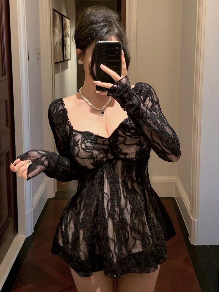 Sheer Lace Elegant Fitted Waist Ruffle Hem Blouse, Suitable For New Year, Christmas, Wedding, Party, Formal Events, Long Sleeve, Spring/Autumn