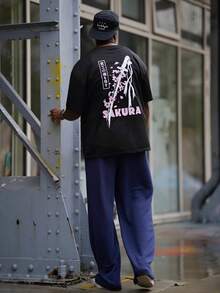 Heavens Edit Men's Casual Sword & Cherry Blossom Graphic Print Loose Fit Round Neck T-Shirt, Black - Black - View 3