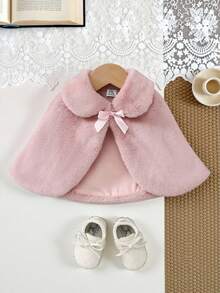 SHEIN 女婴秋冬新款白色蓬松保暖内衬舒适毛绒休闲日常可爱优雅外套斗篷