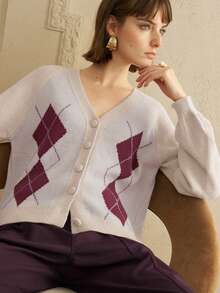 EMERY ROSE 女士宽松开衫，菱形图案设计，采用抓绒面料，休闲日常穿着 - 彩色 - 查看 10