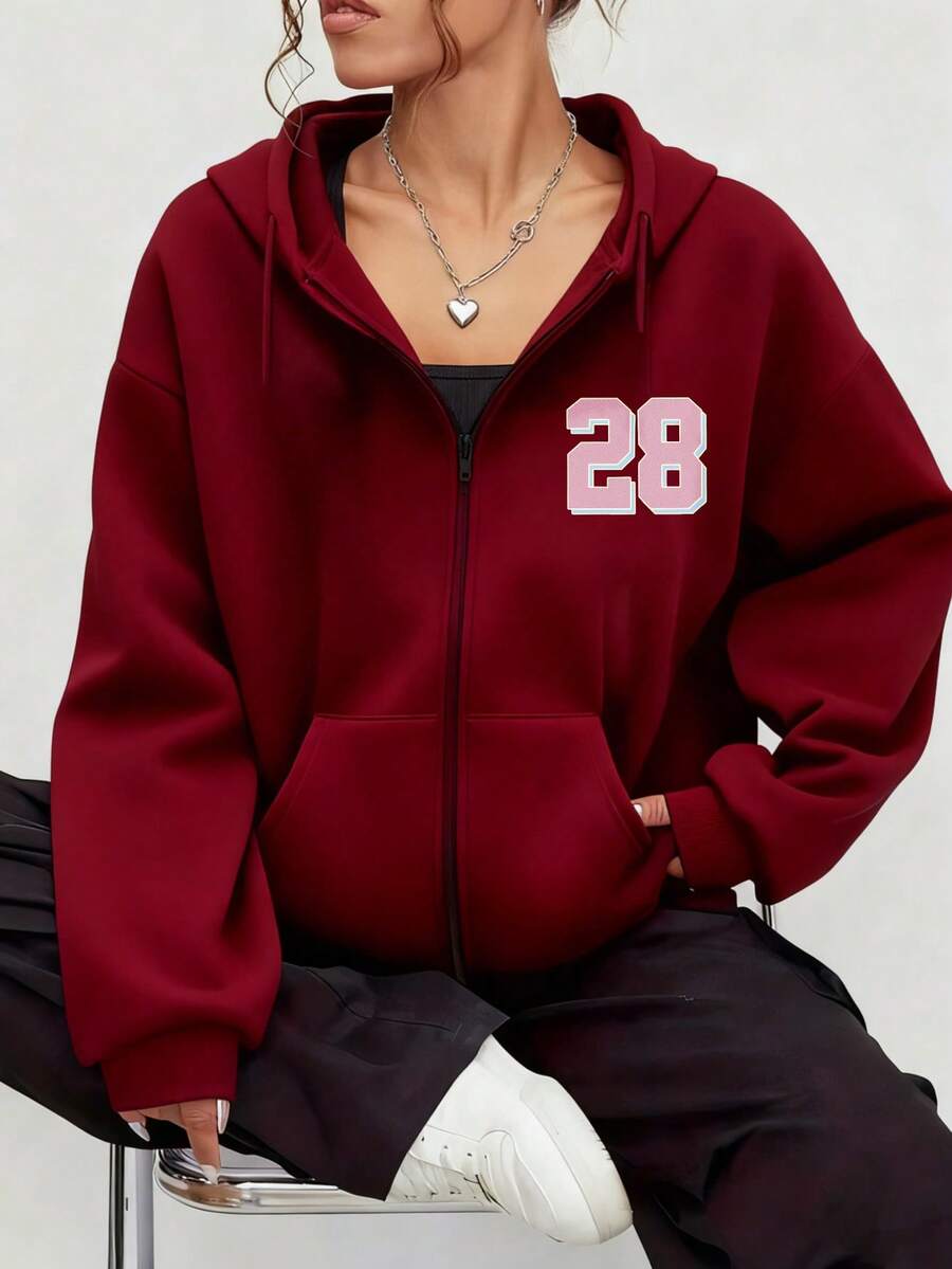 Sudadera con capucha de cierre con estampado numérico 28 para mujer estilo deportivo casual - Burdeos - Ver 1