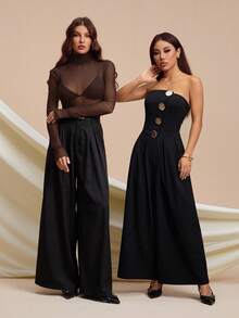 SHEIN Tall 斯德哥尔摩风格，2025女士夏季新款系列，高领毛领上衣，适合春夏穿着，新年女士上衣，网纱长袖透视上衣 - 棕色 - 查看 8