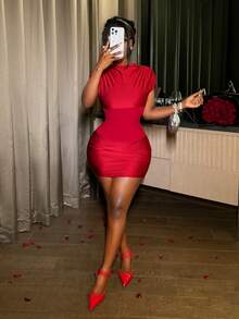 Slaydiva 新款派对、生日、鸡尾酒会、情人节、万圣节、圣诞节、婚礼、日常休闲法式夏日连衣裙 - 收腰设计，系带装饰，短袖，褶皱，酒红色迷你连衣裙 - B - 酒紅色 - 查看 6