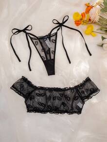 PetitDoll 2pcs Women's Lip Pattern Jacquard Mesh Underwear Set, Including Bra With Straps And Thong Panties, Lingerie - Black - View 5