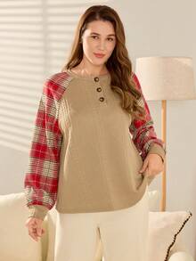 Momelise Plus Size Jacquard Plaid Patchwork Crew Neck Pullover Loose Casual Sweatshirt For Women - Khaki - View 5