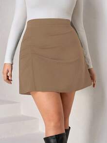 Chikora Rok A-Line Berlipit Rajut Elastis Hitam Ukuran Plus, Elegan untuk Pemakaian Sehari-hari dan Serbaguna - Khaki - View 4