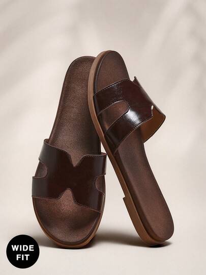 SHUZIA Wide Fit Women's Harness Cutout Glossy Pu Coffee Cloud Footbed Slides -Ergonomic Design For Resort Lounging To City Strolls For Christmas Valentine's Day