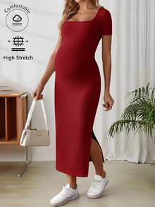 SHEIN Maternity Solid Color Square Neck Short Sleeve Ribbed Side Slit Hem Fitted Casual Dress - Red - View 3