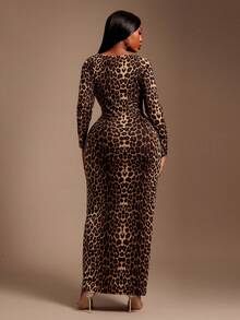 Radiana Plus Size Leopard Print Bodycon Dress With Deep V Neck Cutout And Long Sleeves In Knitted Fabric - Multicolor - View 7