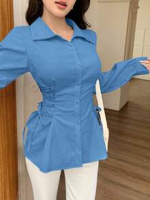 Modelyn Drawstring Tie Neck Minimalist Solid Color Long Sleeve Women Blouses - Blue - View 3