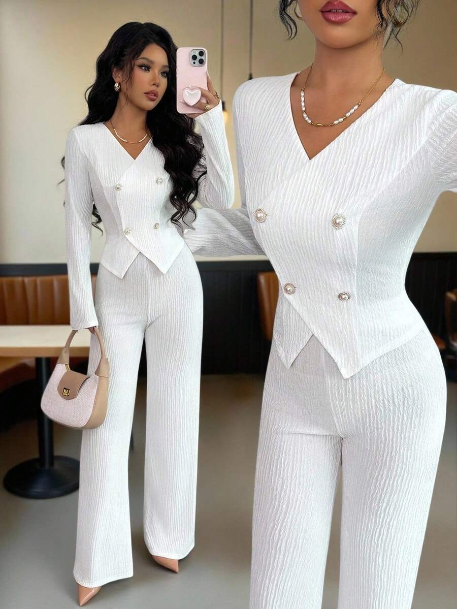 Elenzga 两件套女士纯色纹理套装，包括长袖V领双排扣修身西装外套和高腰宽松直筒裤，优雅通勤风格，适合约会、通勤和秋冬季穿着。 - 白色 - 查看 1