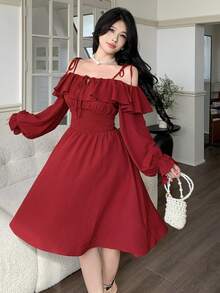 Feyla Elegant Ruffle Trim Waist Open Shoulder Strap Women Dress - Red - View 1