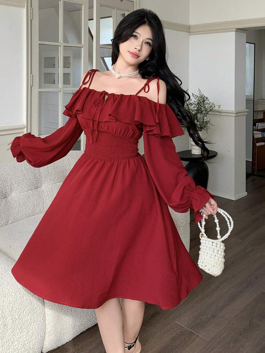 Feyla Elegant Ruffle Trim Waist Open Shoulder Strap Women Dress - Red - View 1