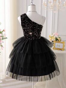 Sparklyn Váy xếp ly lưới sequin lấp lánh một bên vai dành cho thiếu niên, Váy 3 lớp cho trẻ em - màu đen - Xem 2