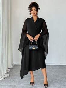 Elenzga Plus Size V-Neck Criss-Cross Tie Wrap Asymmetric Hem Chiffon Long Sleeve Dress, Elegant French Style Versatile Commuter Black Autumn Dinner Dress - Black - View 6