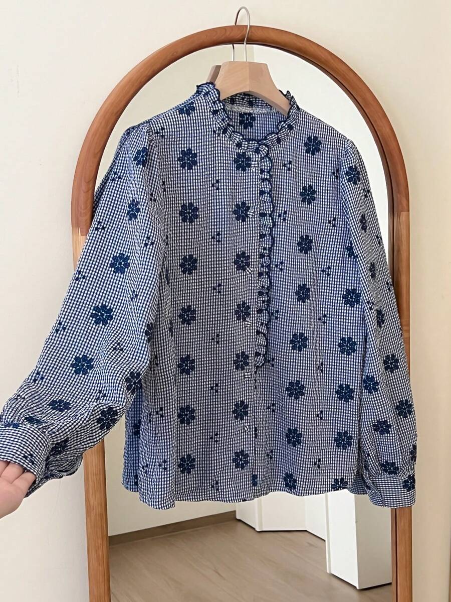 SHEIN Frenchy Áo sơ mi dài tay nữ màu xanh kẻ caro thêu hoa, kiểu dáng thường ngày, thích hợp mặc đi làm, đi chơi, mùa hè, mùa xuân, mọi mùa, phong cách công sở, kiểu Pháp, thanh lịch, thích hợp mặc đi làm. - Nhiều màu - Xem 1