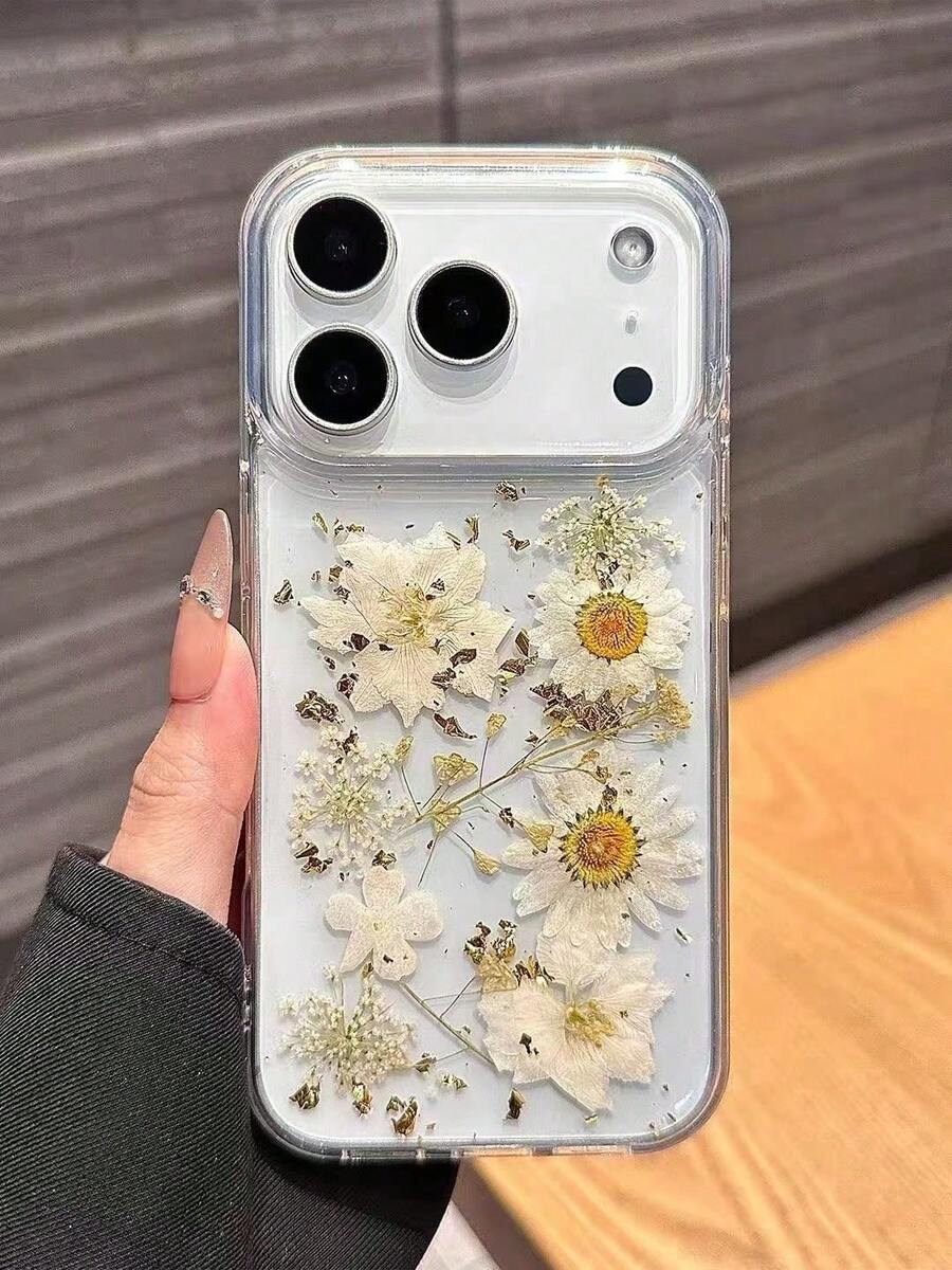 Autumn/Winter Daisy Real Flower Creative New 17Pro Compatible With Apple 16promax Phone Case 16 Elegant Elegant IPhone15pro Fashion Transparent Floral 14pro Shockproof Protective Soft Shell 13 Women - Clear - View 1