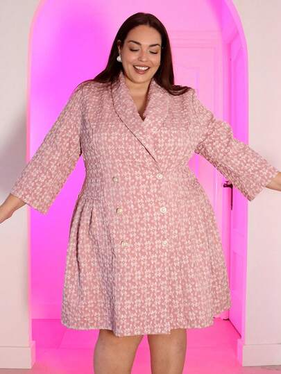 Pretty and Ole Plus Size Women's Wool Lapel Long Sleeve Elegant Double Breasted Pleated Hem Blazer Dress Is Elegant And Romantic, Formal Women Dresses,Suitable For Music Festival Parties And Other Scenes Winter Fall Autumn