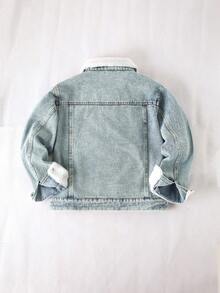 SHEIN Chaqueta vaquera azul lavada informal y holgada para niños preadolescentes, con diseño de cuello y forro térmico cómodo, versátil para otoño/invierno - Lavado ligero - Ver 2