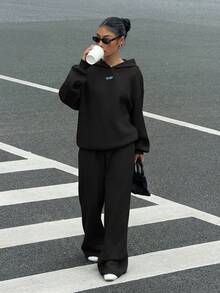 SHEIN EZwear 女式黑色休闲宽松连帽衫和运动裤两件套，保暖内衬，秋冬 - 黑色 - 查看 4