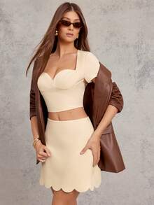 L'Amorae 扇贝下摆奶油黄色迷你裙 - 黃色 - 查看 1