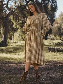 WESTFADE Round Neck Smocked V Shaped Waist Fit & Flare Embroidered Plaid Midi Dress Fall, Autumn, Winter, Casual, Cute, Western Wear, Boho, Christmas, New Years, NYE, Holiday - Brown - View 3