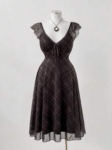 Sunspun Plaid Print Cap Sleeve Square Neck Midi Dress, Summer - Multicolor - View 3
