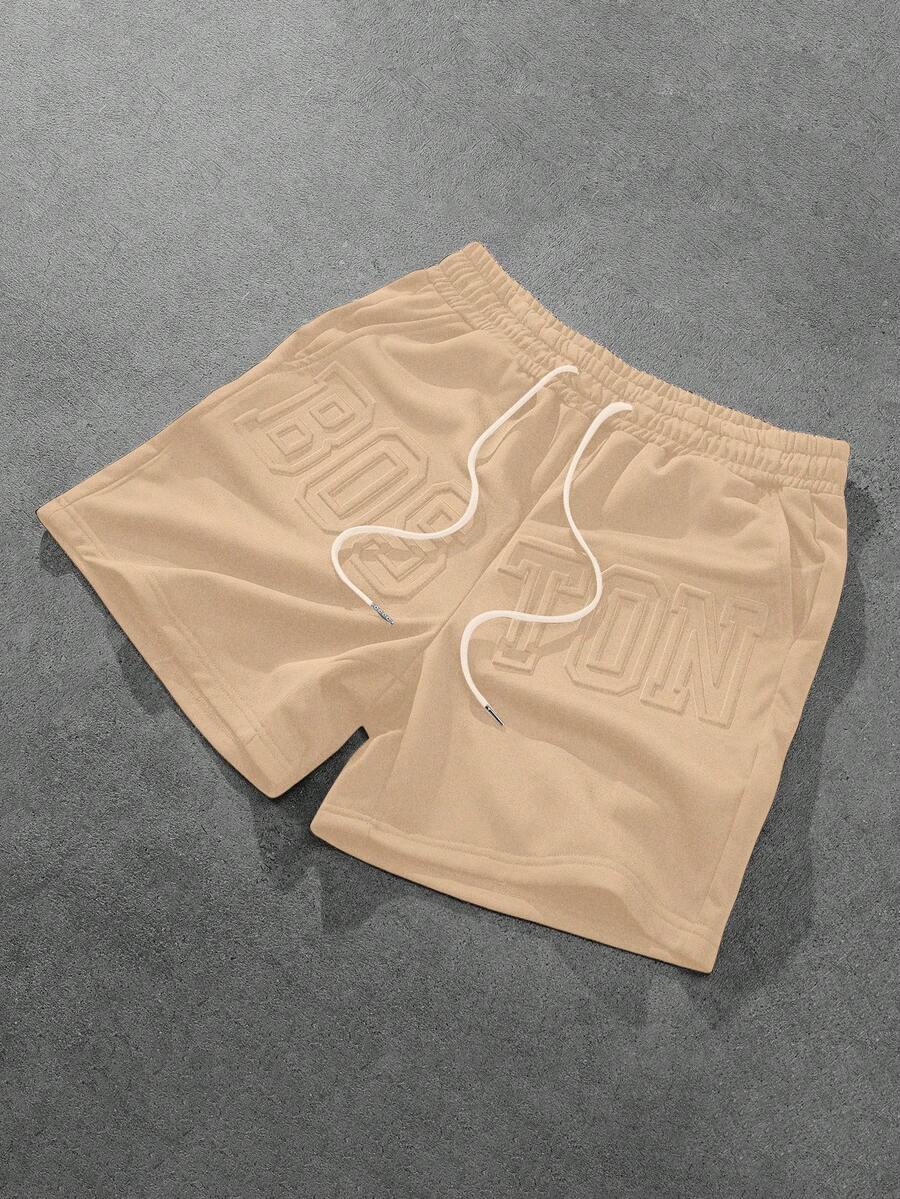 PAVTROS 男士休闲抽绳腰带短裤，带口袋，宽松街头风短裤，简约大字母压纹设计，质感面料，简约时尚，日常休闲穿着，时尚百搭，是送给男友或节假日的理想礼物。 - 卡其色 - 查看 1