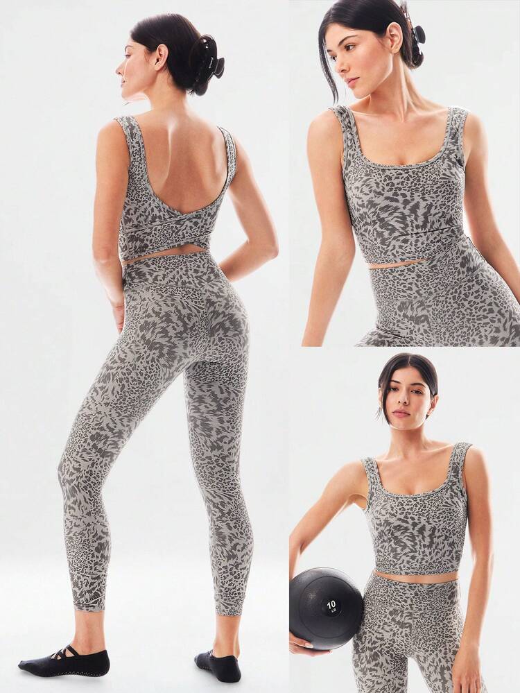 FeatherFit™ Leopard U Back Cutout Active Crossover Tank Top Light Support Low Impact Yoga Pilates Daily Spring Summer