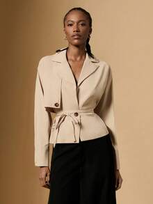 Briarwyn Eleganter einfarbiger Trenchcoat für Damen, beige, Herbst, langärmlig, gewebter Stoff mit Gürtel, Büro-Lässig, reguläre Länge, modische vielseitige Oberbekleidung - Weiss - Übersicht 2