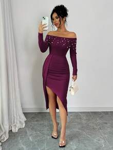 Elenzga Women's Open Shoulder Long Sleeve Ruched High Slit Pearl Design Bodycon Dress For New Year Clothes - Red Violet - View 3