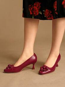 Rosivie Women's Simple Solid Color Office/Commute Pumps For Christmas - Burgundy - View 4